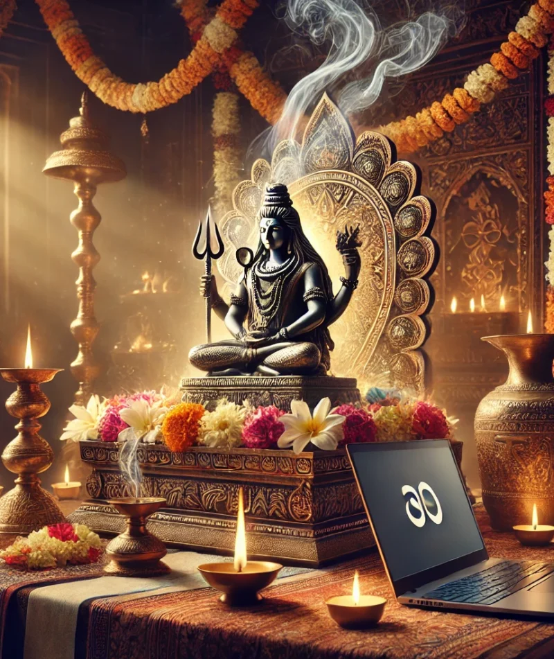 DALL·E 2024-11-18 17.45.10 - A serene, spiritual scene featuring a traditional Indian pooja setup. In the center, a beautifully decorated altar with a statue of Lord Ishwar (Shiva